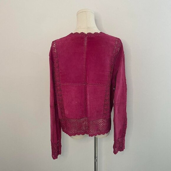 Vintage Magenta Suede Crochet LAce Jacket- Boho Y2K Romantic Style, Size Large - Picture 4 of 8